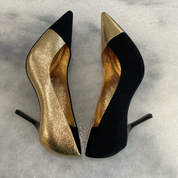 ZARA Black Suede Gold Metallic Foil Heels - Picture 5 of 11